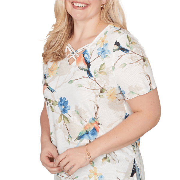 Petite Alfred Dunner Out Of The Blue Floral Birds V Neck Tee