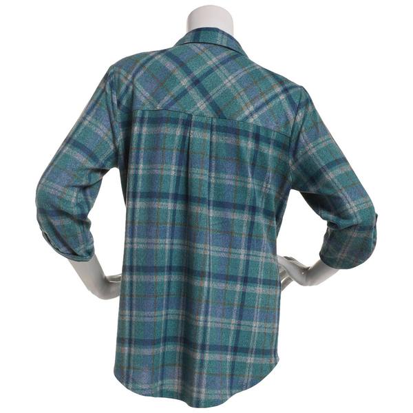 Petite Emily Daniels 3/4 Sleeve Plaid Hacci Blouse - Green/Blue