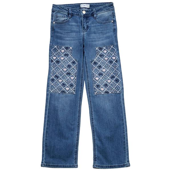 Girls (7-16) Blue Spice Heart & Bow Bling Patch Straight Jeans