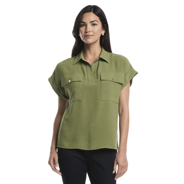 Womens Rafaella(R) Patch Pocket Top with Logo Buttons Shirt