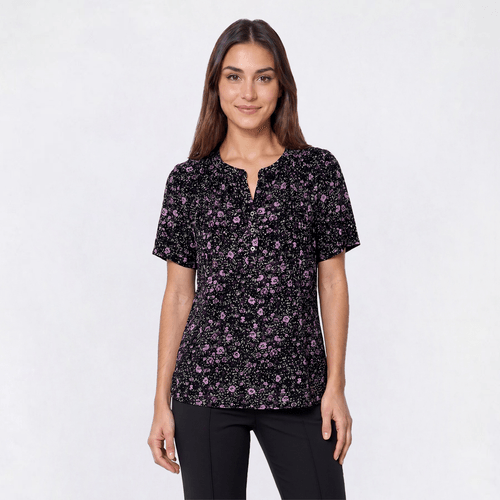 Petite Napa Valley Short Sleeve Floral Pleated Henley Blouse - image 