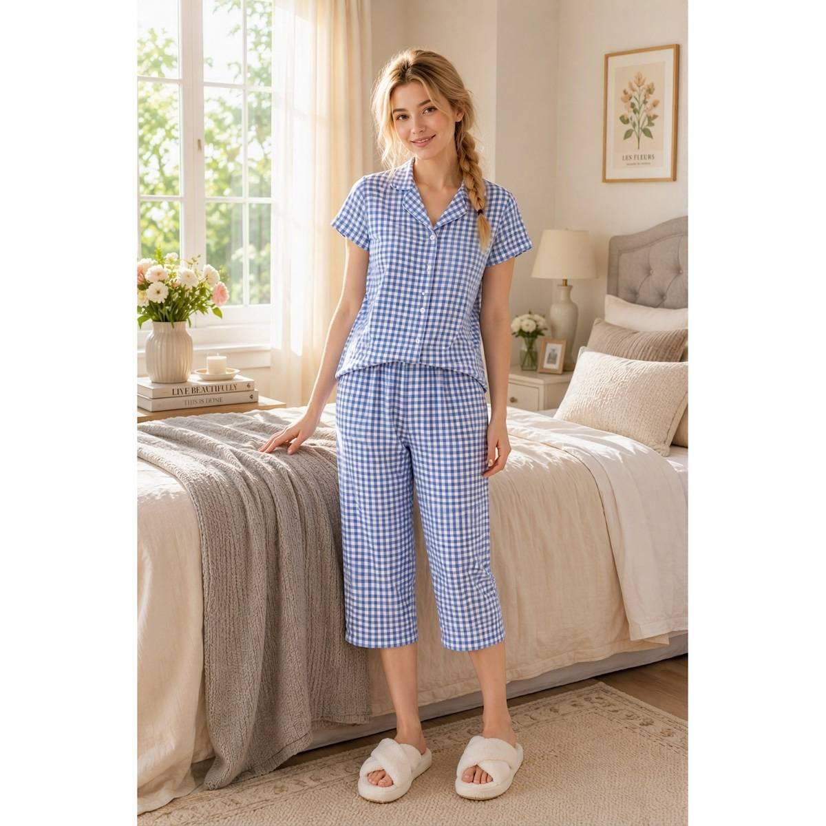 Womens Jessica Simpson Short Sleeve Gingham Capris Pajama Set
