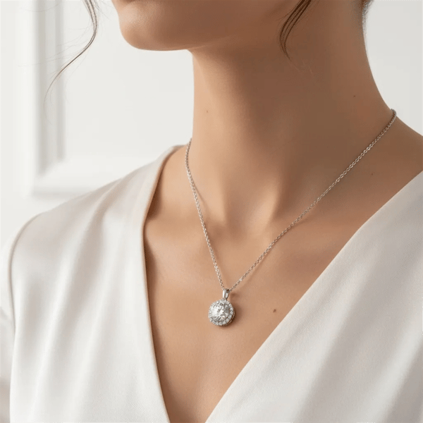 Saffron Sterling Silver Moissanite Diamond Halo Pendant Necklace