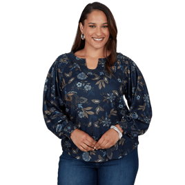 Plus Size Ruby Rd. Mythical Smocked Horseshoe Neck Floral Blouse