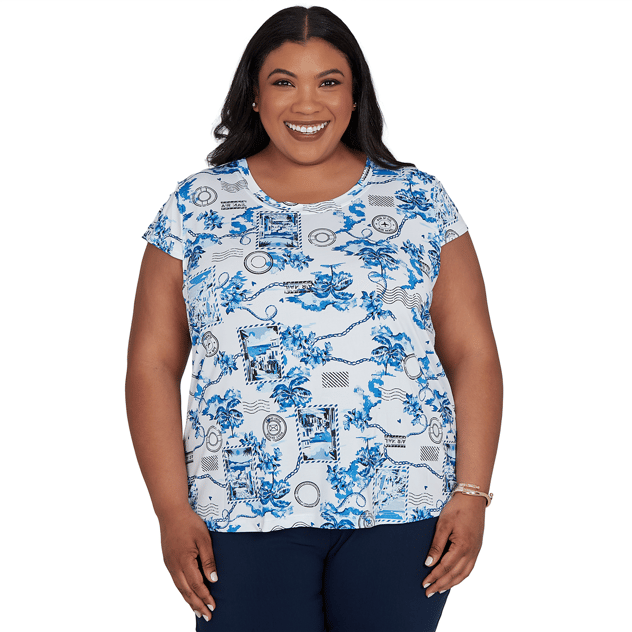 Plus Size Emaline Key Items Cap Sleeve Tropical Postcard Tee