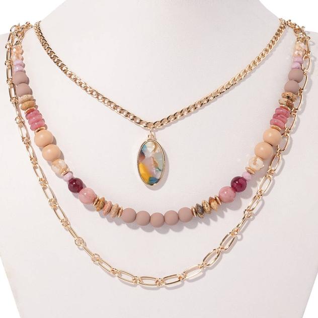 Ashley Cooper™ Gold-Tone 3-Row Multi Pink-Tone Bead Oval Pendant