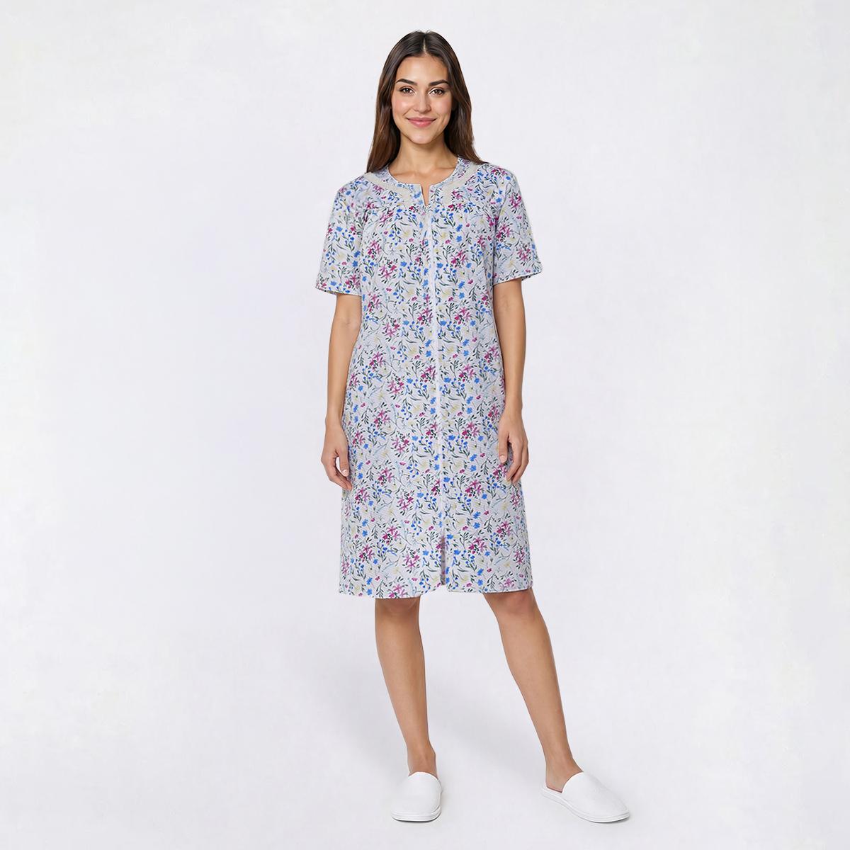 Womens Casual Time Seersucker Floral Embossed Zip Front Duster