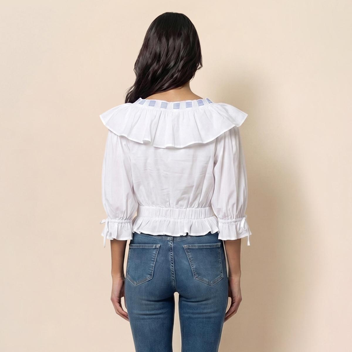 Womens MNK Stripe Elbow Sleeve V-Neck Ruffle Blouse