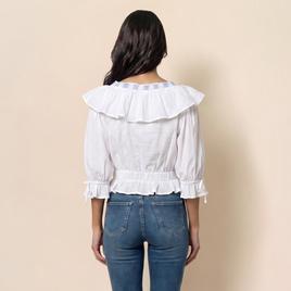 Womens MNK Stripe Elbow Sleeve V-Neck Ruffle Blouse