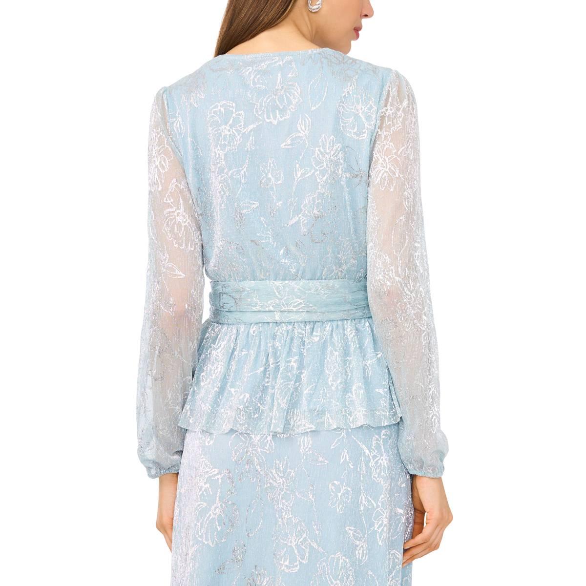 Womens MSK Long Sleeve V Neck Floral Shimmer Peplum Blouse