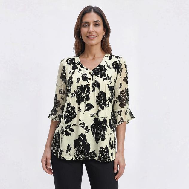 Womens Sara Michelle 3/4 Sleeve Floral w/Pleat Button Blouse