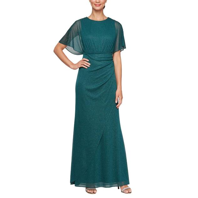 Womens SLNY Short Sleeve Glitter Mesh Evening Gown