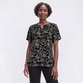 Petite Napa Valley Short Sleeve Leaf Split Neck Henley Blouse