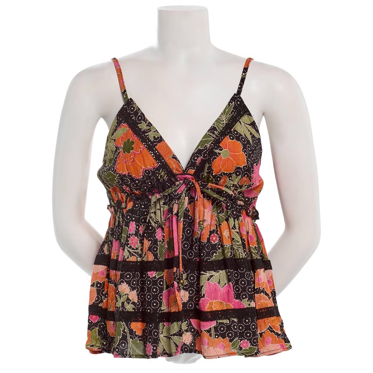 Juniors Angie Floral Print Crochet Insert Babydoll Tank Top