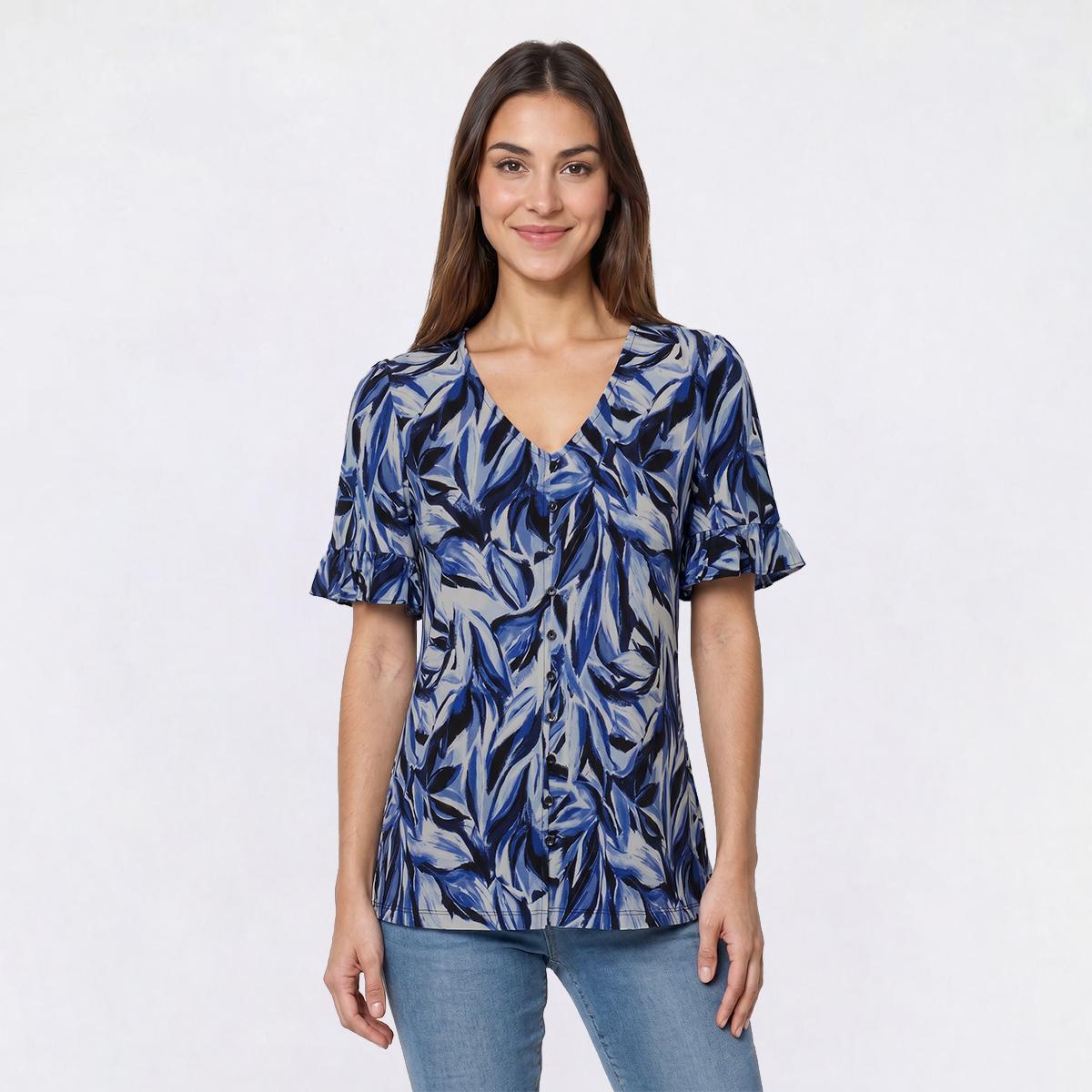 Petite Anne Klein Short Ruffle Sleeve V Neck Leaf Blouse