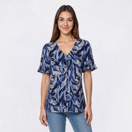 Petite Anne Klein Short Ruffle Sleeve V Neck Leaf Blouse