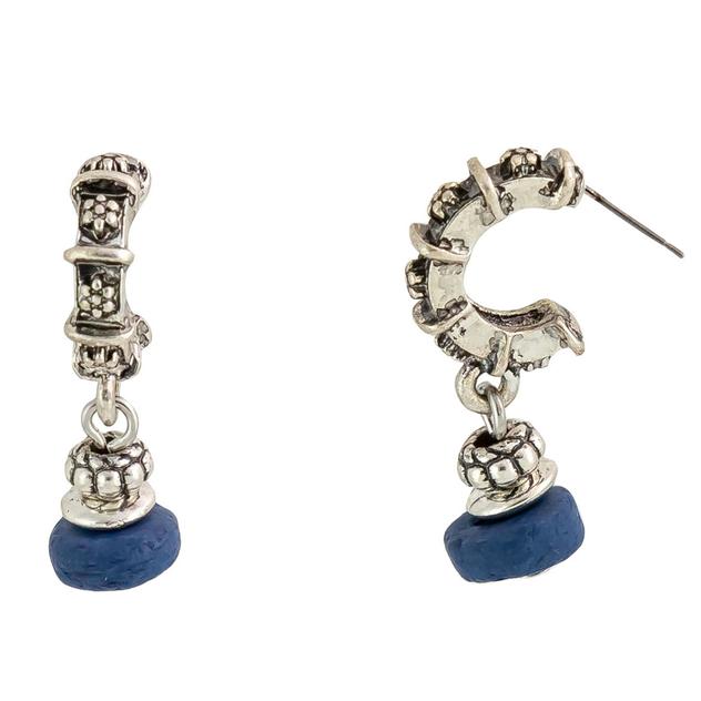 Ruby Rd. Small Textured Post Hoop Earrings w/ Blue Bead Drop