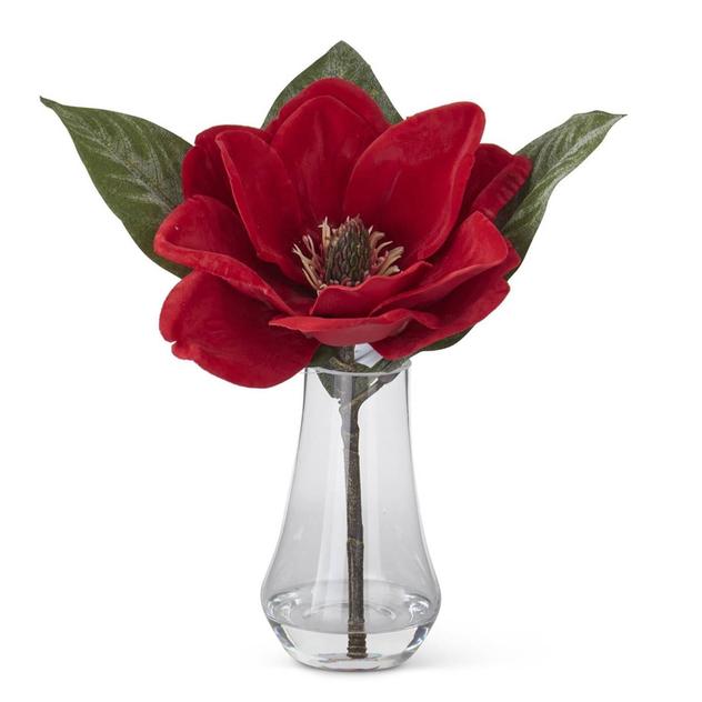 K&K Interiors Red Velvet Magnolia in Clear Glass Vase