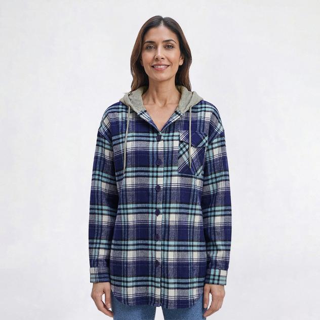 Womens da-sh Tartan Button Front Hooded Shacket