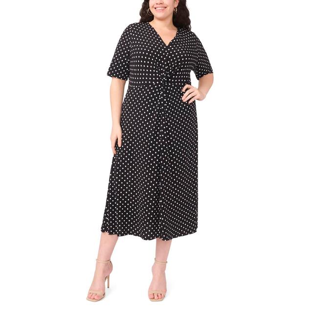 Plus Size MSK Elbow Sleeve V Neck Dot Midi Dress