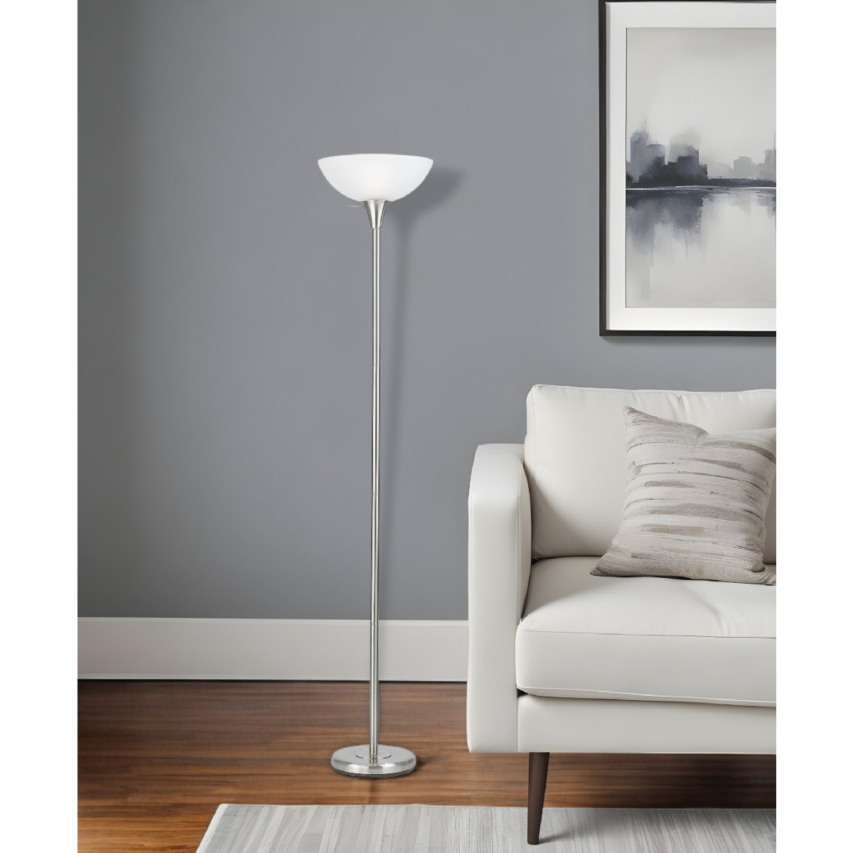 HomeRoots 70in. Nickel Torchiere Floor Lamp With Glass Dome Shade