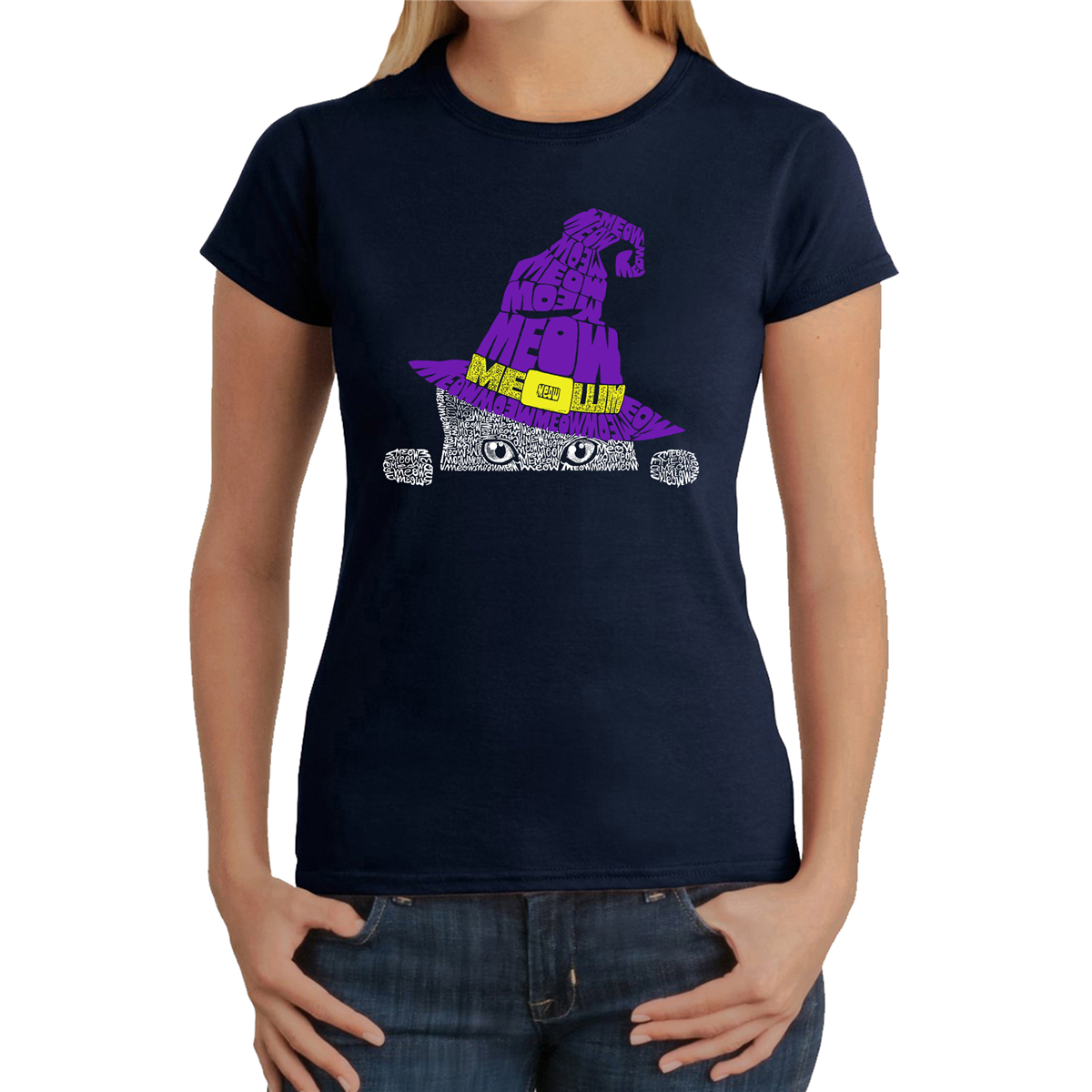 Plus Size LA Pop Art Peeking Witch Cat Word Art Tee
