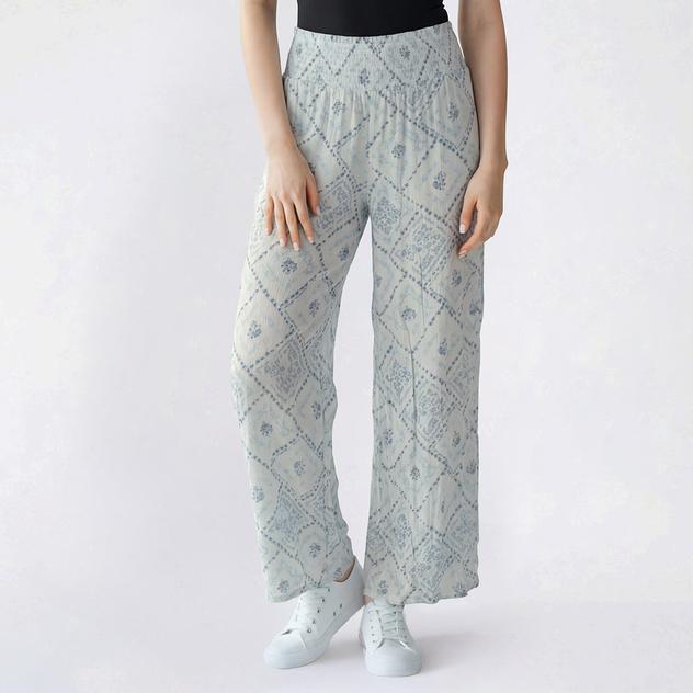 Juniors Pink Rose Gauze Diamond Smock Waist Wide Leg Pants- Tile