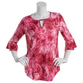 Womens Notations 3/4 Ruffle Sleeve Keyhole Jacquard Blouse
