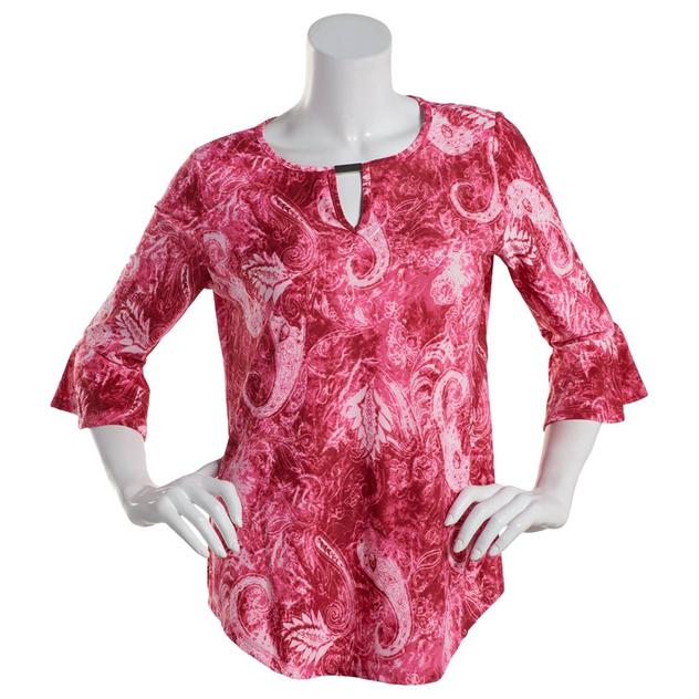 Petite Notations 3/4 Ruffle Sleeve Jacquard Keyhole Blouse