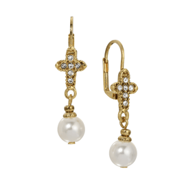 Symbols of Faith Gold Tone Crystal Cross With Pearl Drop Earrings