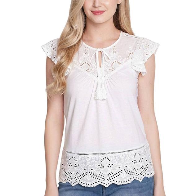 Womens NY Collection Flutter Cap Sleeve Lace Trim Blouse