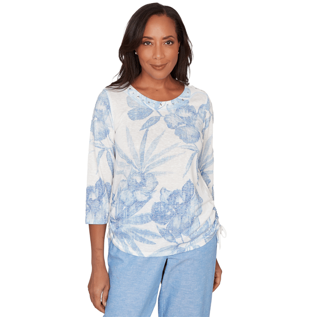 Petite Alfred Dunner Caribbean Blues Side Tie Floral Blouse