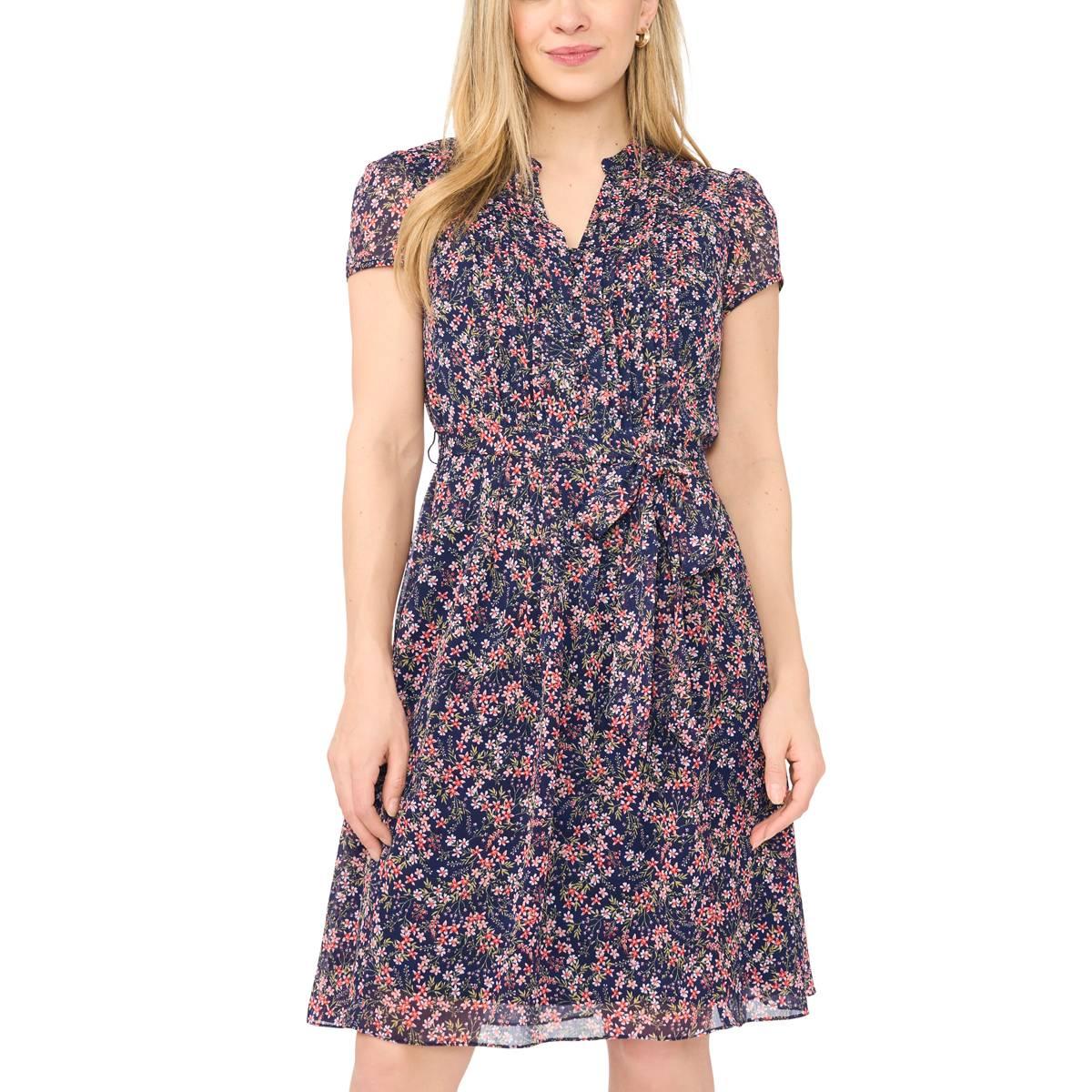 Petites MSK Short Sleeve Print Pintuck Chiffon Dress