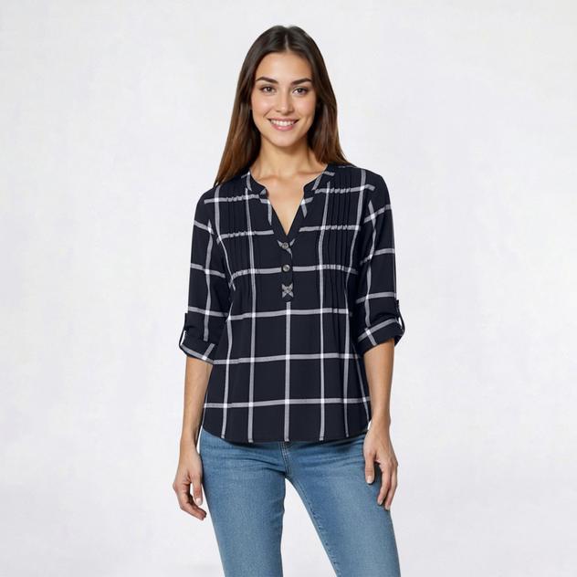 Womens Notations 3/4 Sleeve Plaid Pleated Henley Blouse - Black