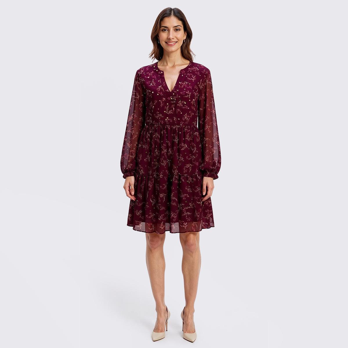 Womens Perceptions Long Sleeve Floral Chiffon Babydoll Dress
