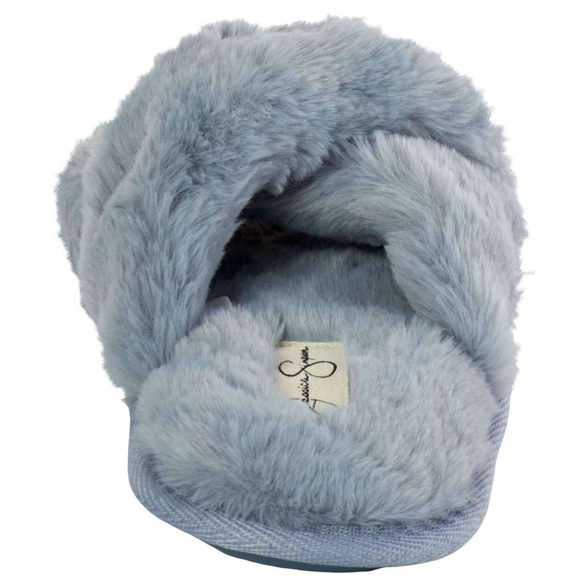 Womens Jessica Simpson Embellished Plush Crossband Slippers