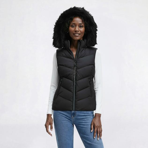 Womens Michael Kors Puffer Vest w/Faux Fur Hood