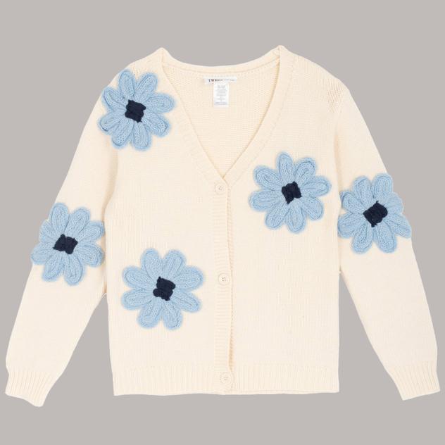 Girls (7-12) Tween Diva Large 3D Crochet Flower Knit Cardigan