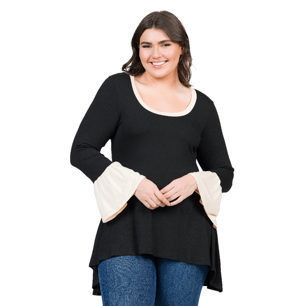Plus Size 24/7 Comfort Apparel Bell Sleeve Hi-Low Tunic Blouse