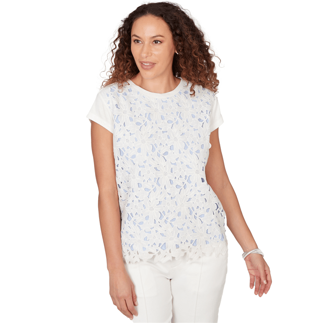Womens Skye’s the Limit Sunny Blue Skies Floral Lace Blouse