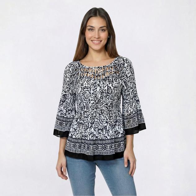 Plus Size Floral & Ivy Paisley Lattice Neck Pleater Blouse
