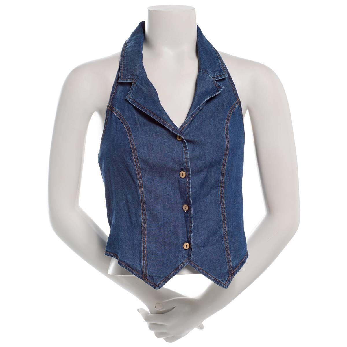 Juniors A. Byer Denim Button Up Collar Halter Vest