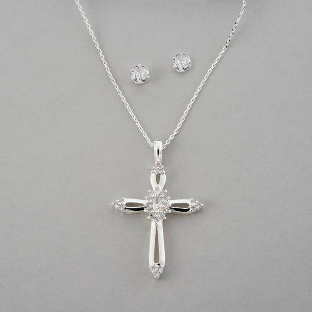 Design Collection Silver-Tone Marquis Cut CZ Pendant & Earrings