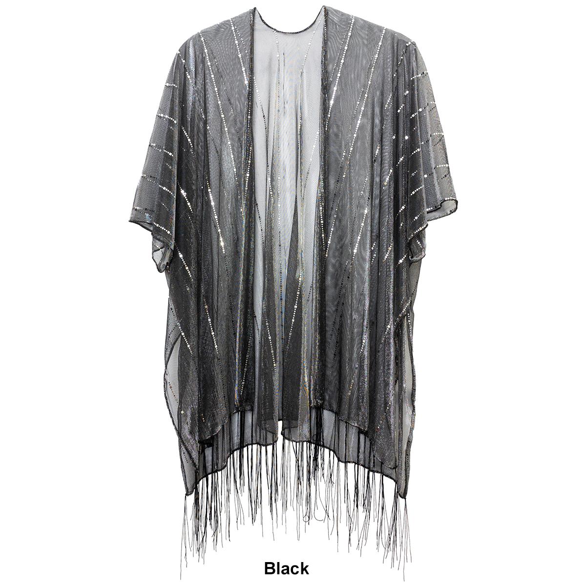 Womens Jessica McClintock Hologram Tie Front Fringe Kimono
