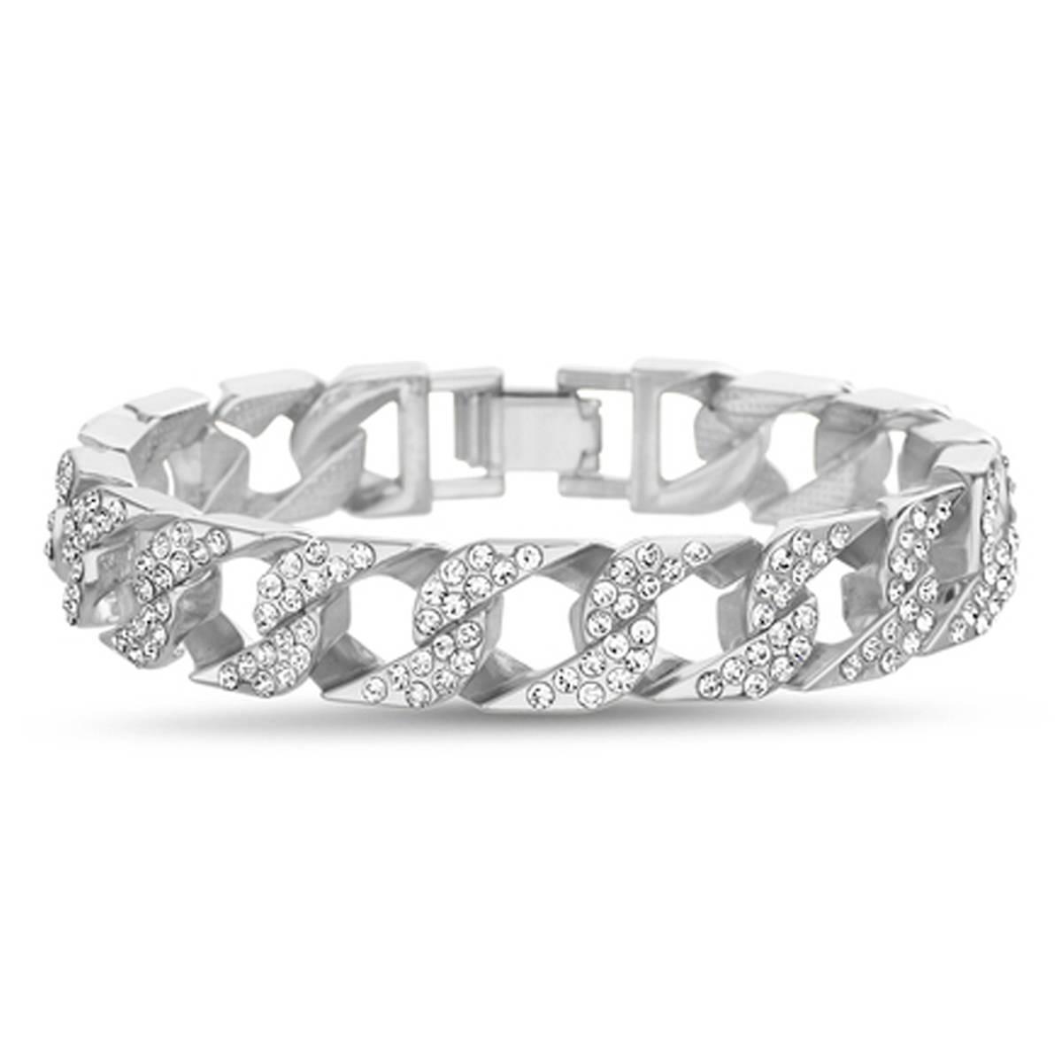 Mens Gentlemen''s Classics Stainless Steel CZ Curb Bracelet