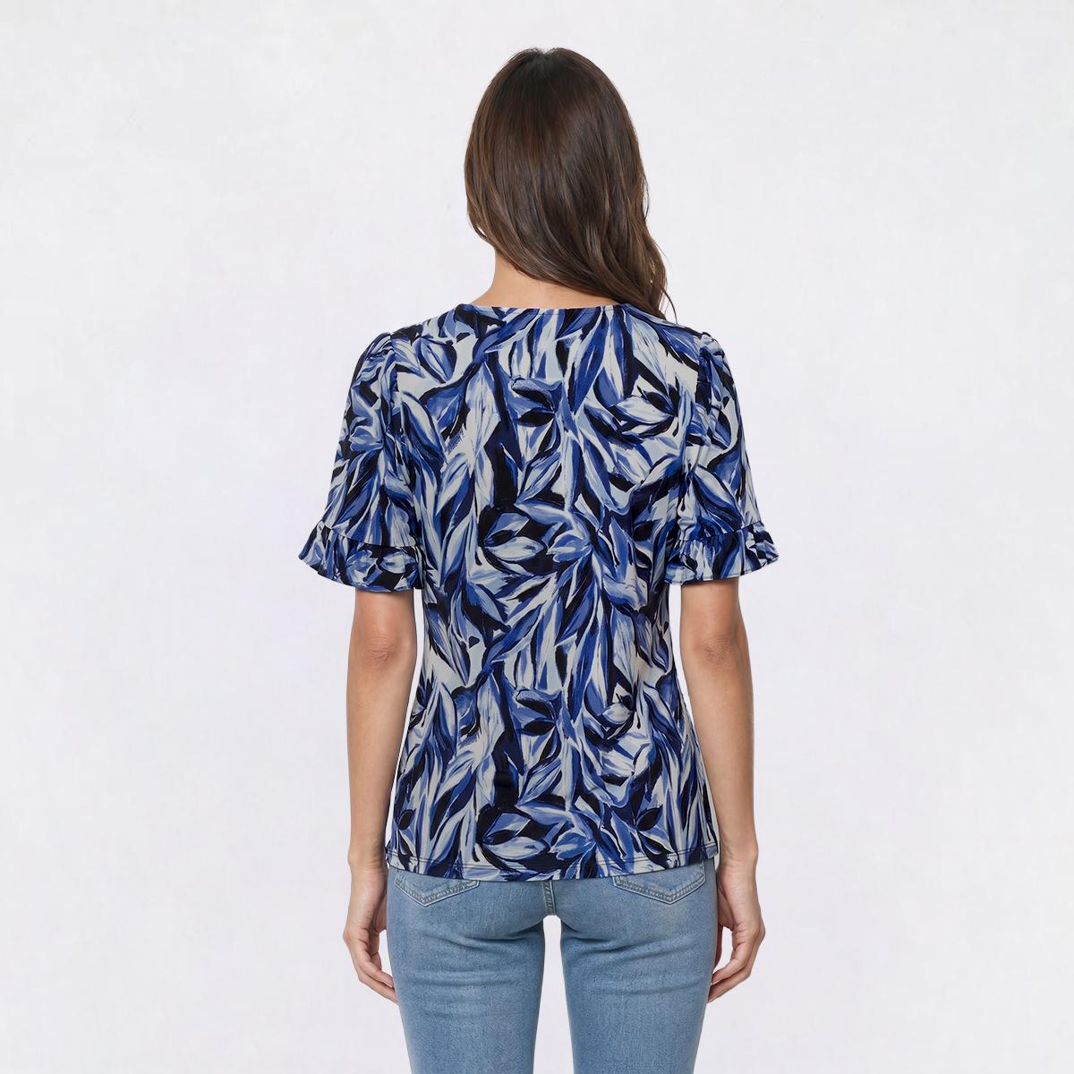 Petite Anne Klein Short Ruffle Sleeve V Neck Leaf Blouse