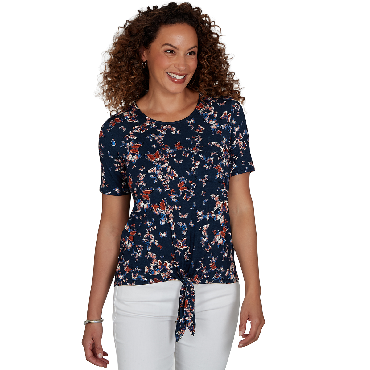Womens Emaline Key Items Short Sleeve Tie Hem Butterfly Blouse