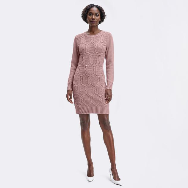 Womens Kathy Ireland Long Sleeve Pearl Trim Sweater Dress