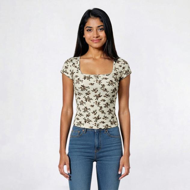Juniors Madden Girl Floral Ribbed Square Neck Top With Trim