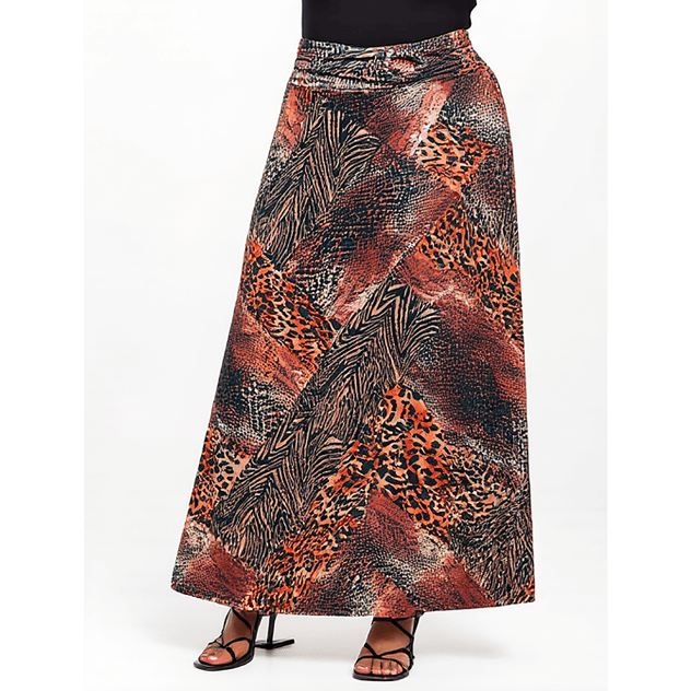 Plus Size 24/7 Comfort Apparel Brown Patchwork Maxi Skirt